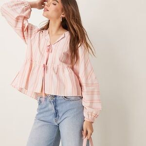 Free People Pink Striped Tie-Front Blouse